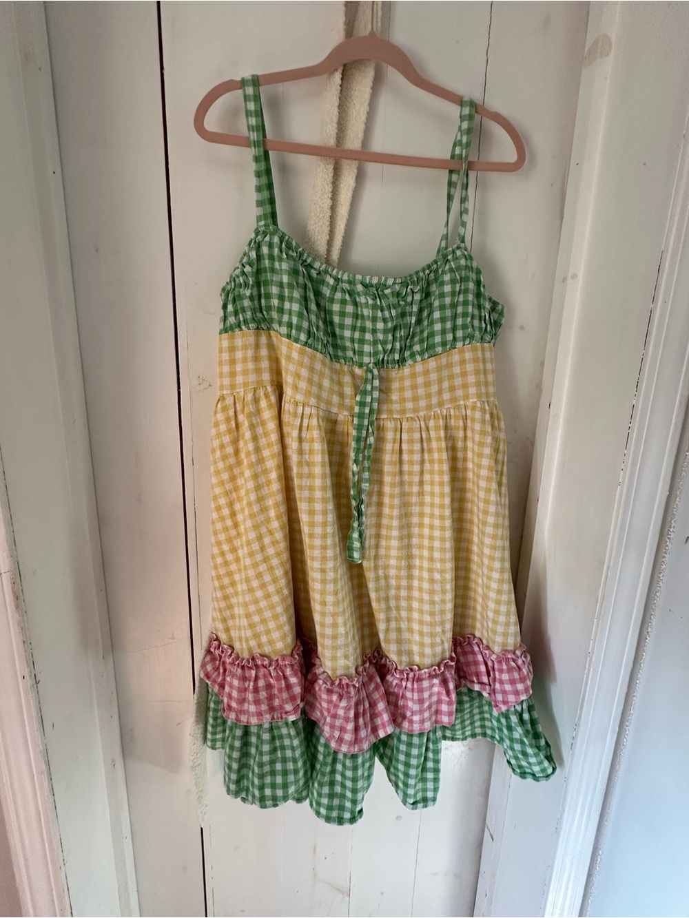 Womans Green & Yellow Gingham Tiered Sundress with Pink Ruffle